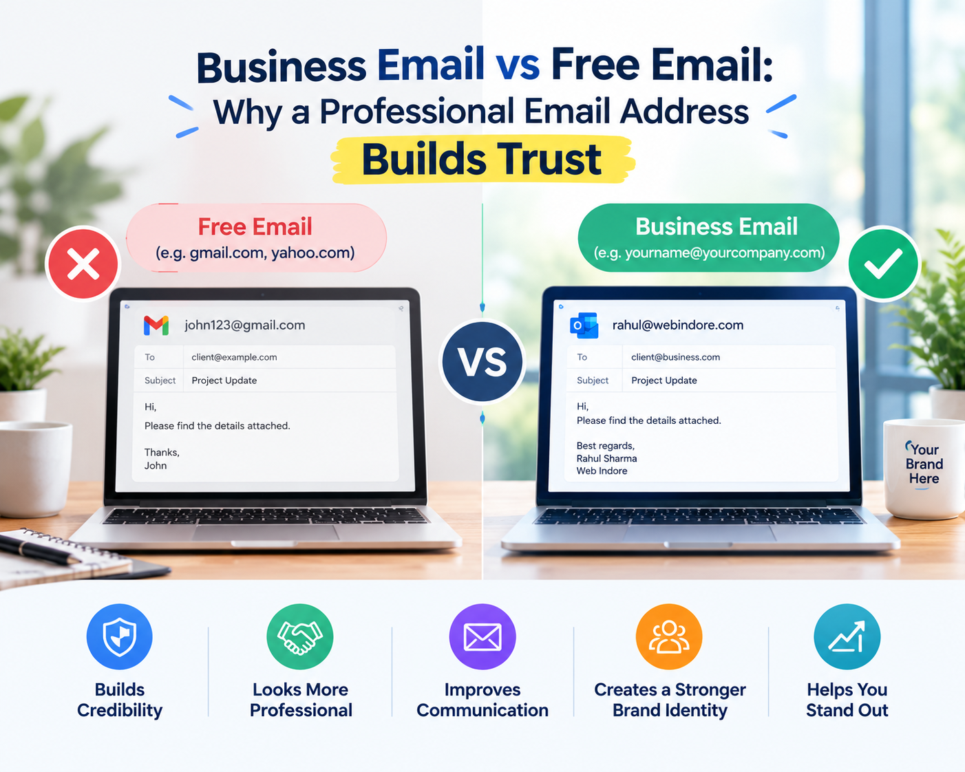 Business email vs free email comparison showing how a professional email address builds business credibility and brand trust