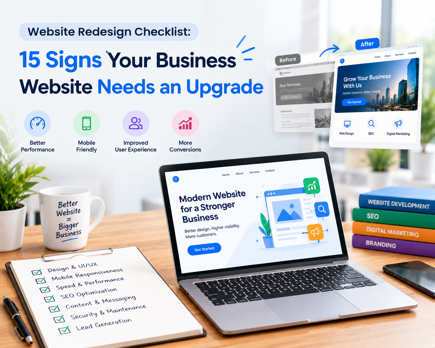 Website redesign checklist showing signs a business website needs an upgrade, including better performance, mobile responsiveness, user experience and conversions